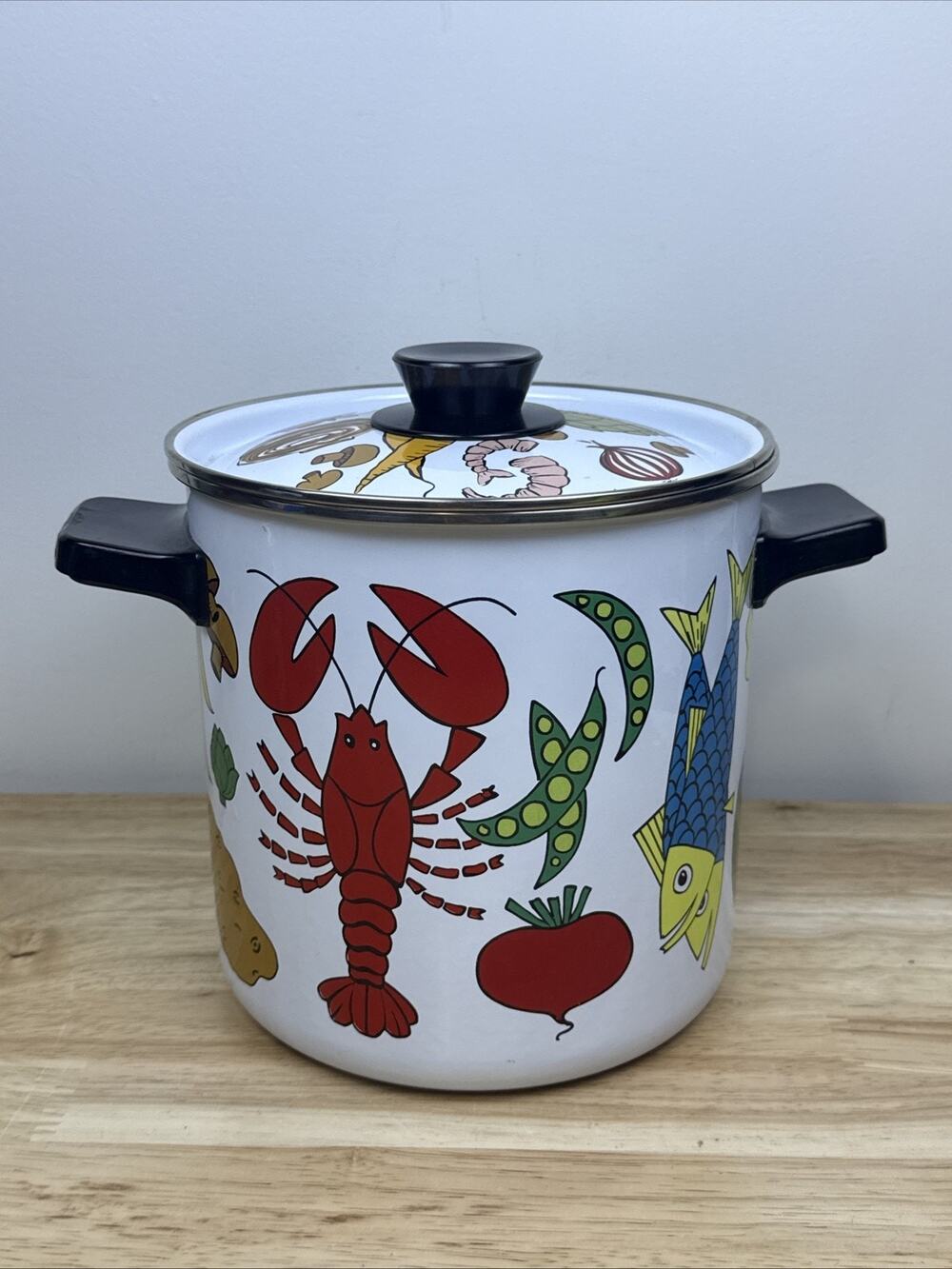 VTG MCM San Ignacio Enamel Enamelware Seafood Stock Pot 7 1/2" Tall w/ Steamer